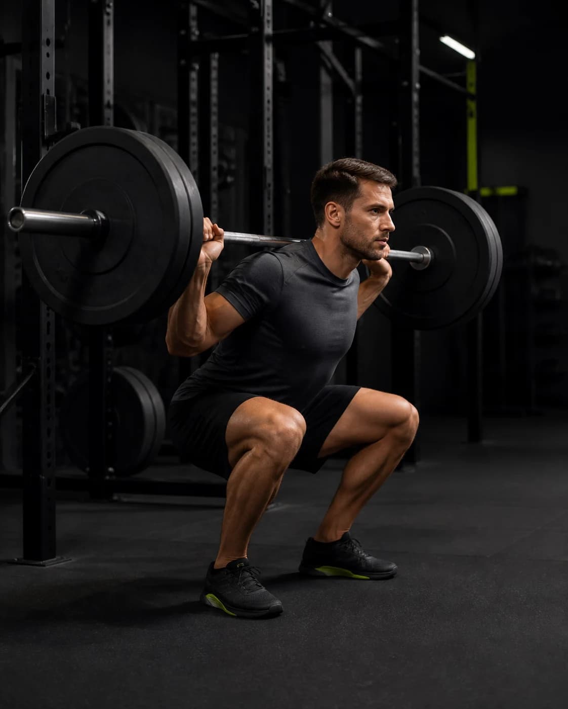 Strength athlete demonstrating squat · side view